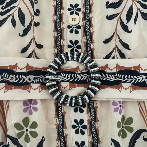 FARM RIO Nature Mini Dress Romantic Bead Belt Maximalist Puff Beige Size Medium - Picture 8 of 16